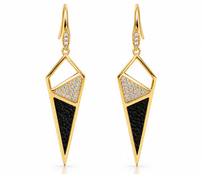 Dagger Leather Inlay Crystal Gold Earrings