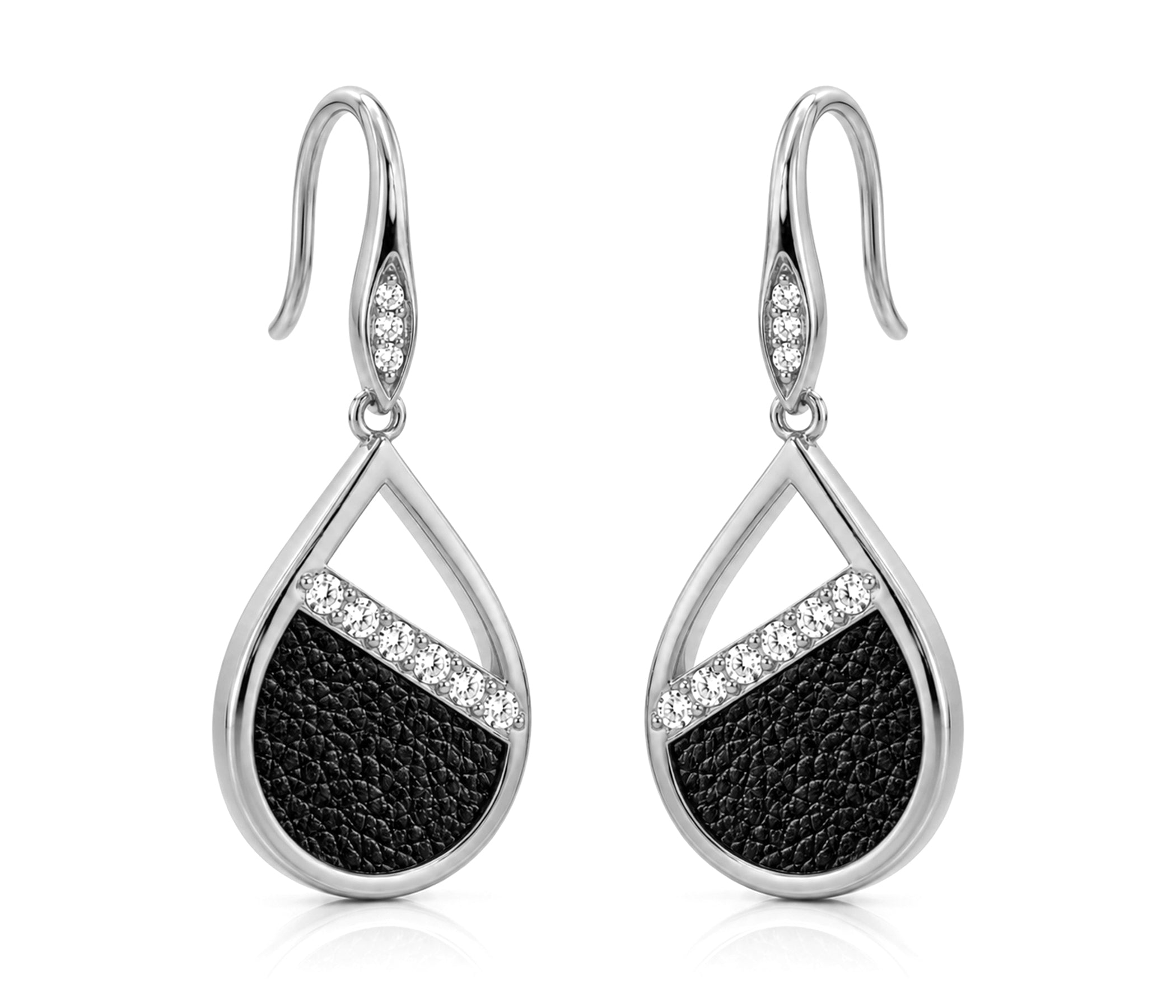 Teardrop Leather Inlay Silver Earrings