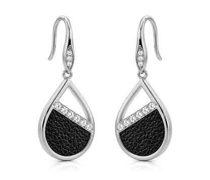 Teardrop Leather Inlay Silver Earrings