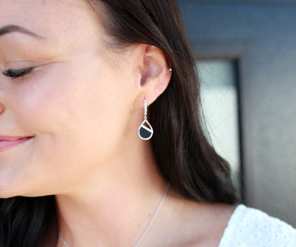 Teardrop Leather Inlay Silver Earrings