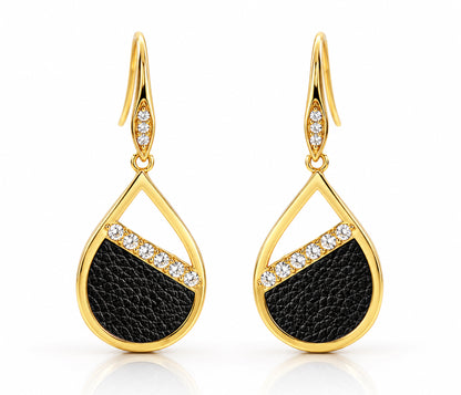 Teardrop Leather Inlay Gold Earrings