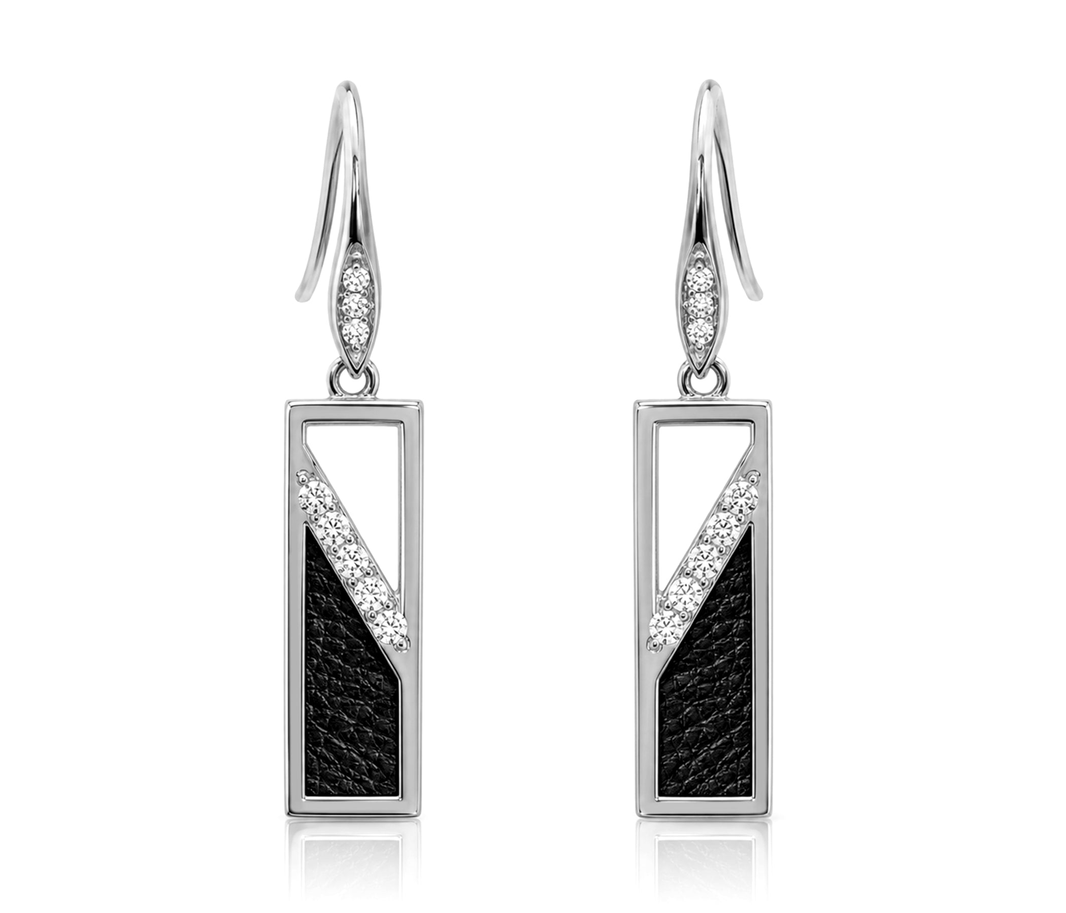 Rectangle Leather Inlay Silver Earrings