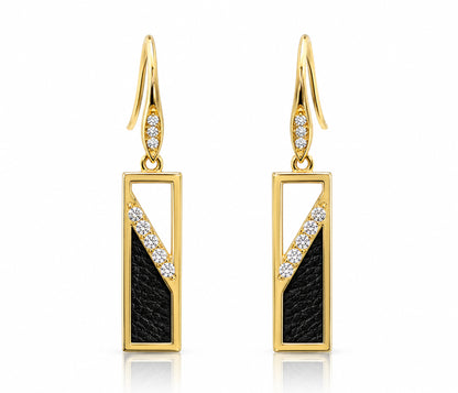 Rectangle Leather Inlay Gold Earrings