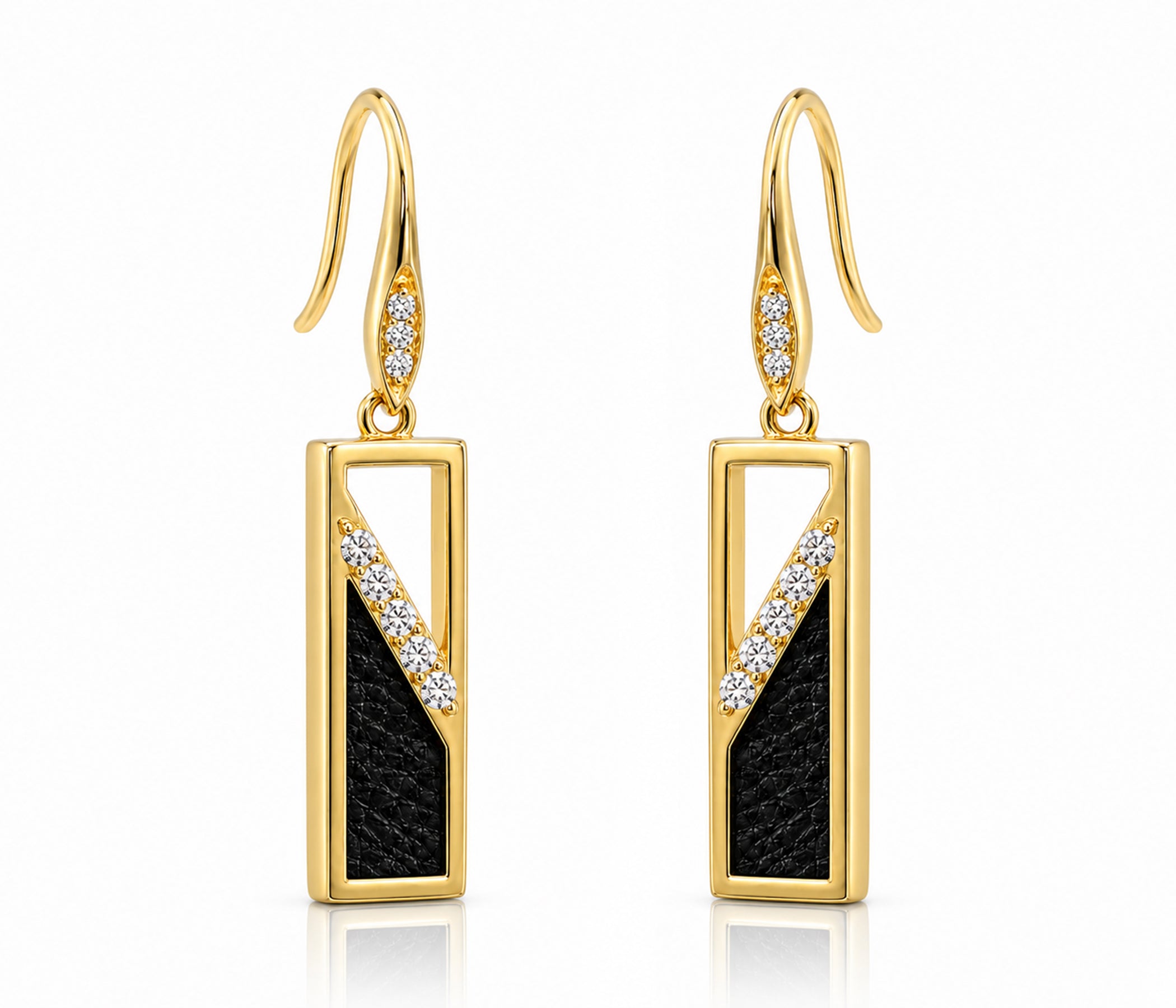 Rectangle Leather Inlay Gold Earrings