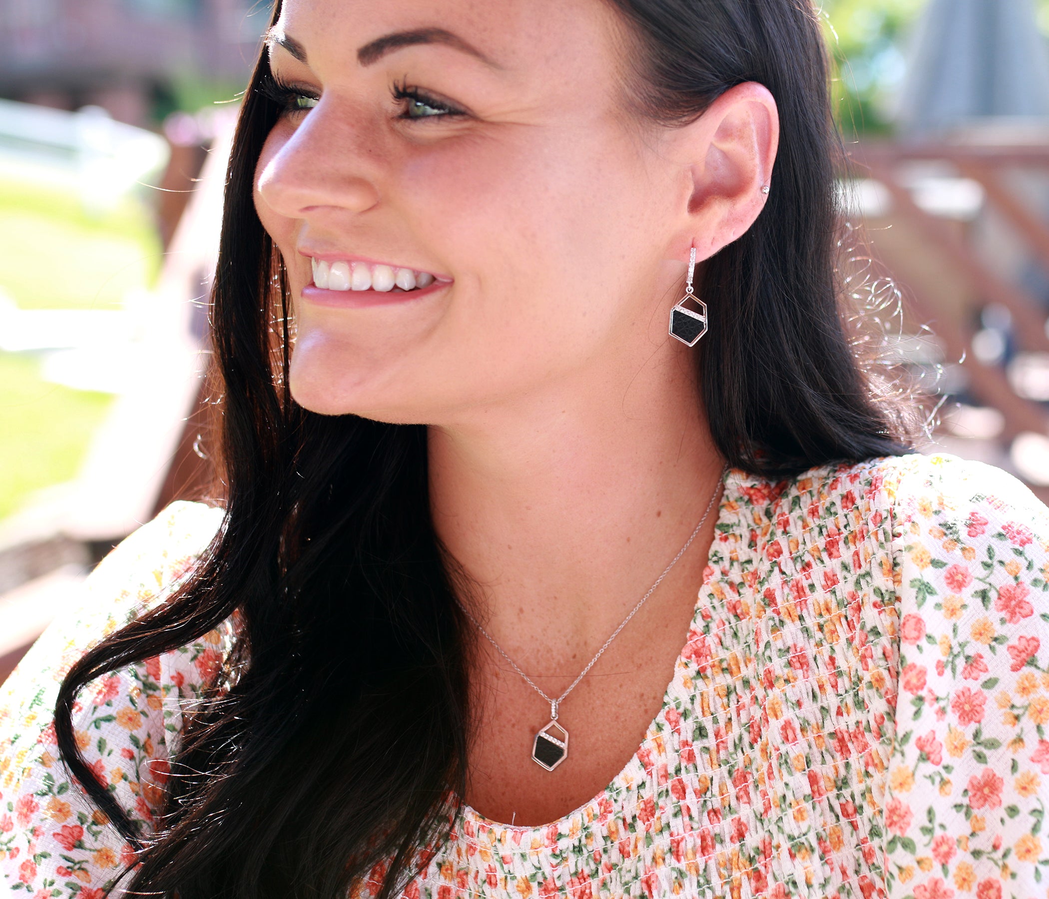 Geometric Leather Inlay Silver Earrings