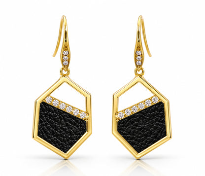 Geometric Leather Inlay Gold Earrings