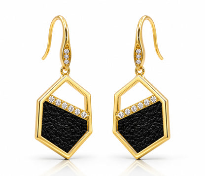 Geometric Leather Inlay Gold Earrings