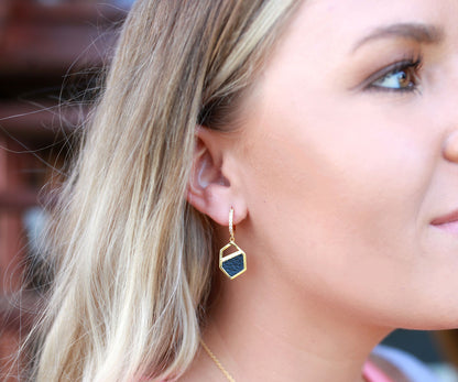 Geometric Leather Inlay Gold Earrings