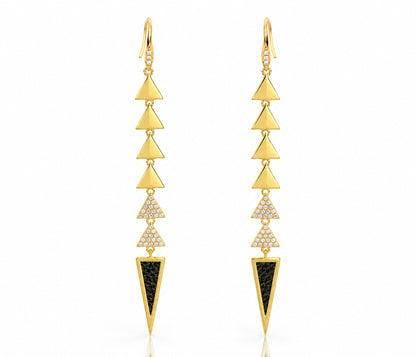 Dangling Triangle Leather Inlay Crystal Gold Earrings