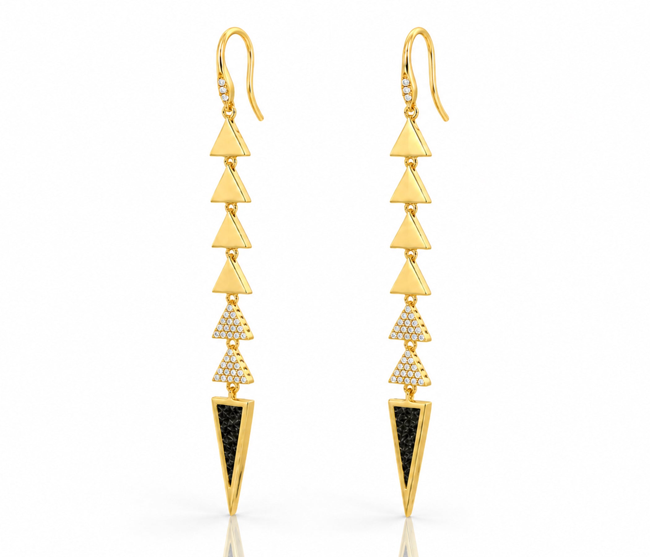 Dangling Triangle Leather Inlay Crystal Gold Earrings