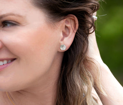 Small Hexagon Crystal Stud Silver Earrings