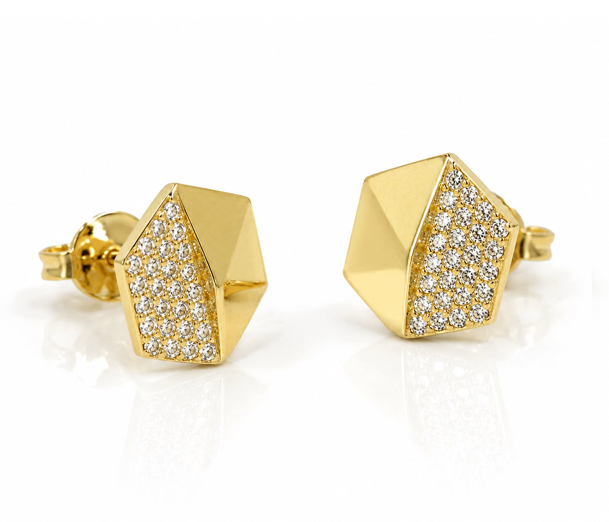 Small Hexagon Crystal Gold Stud Earrings