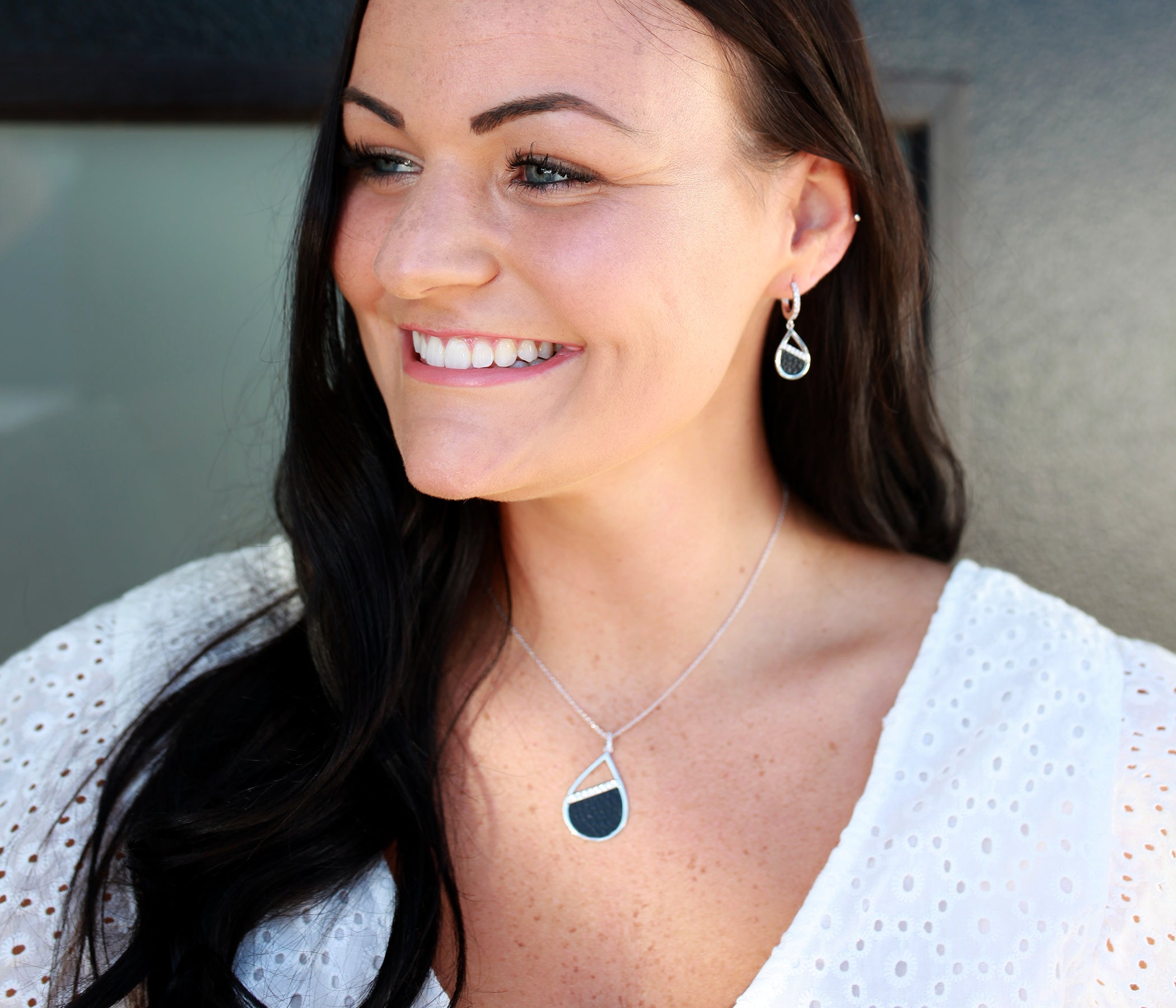 Teardrop Leather Inlay Crystal Silver Necklace