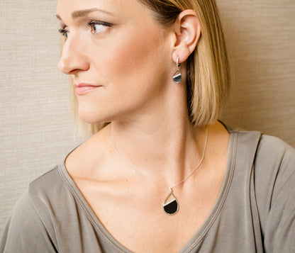 Teardrop Leather Inlay Crystal Silver Necklace