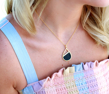 Teardrop Leather Inlay Crystal Gold Necklace