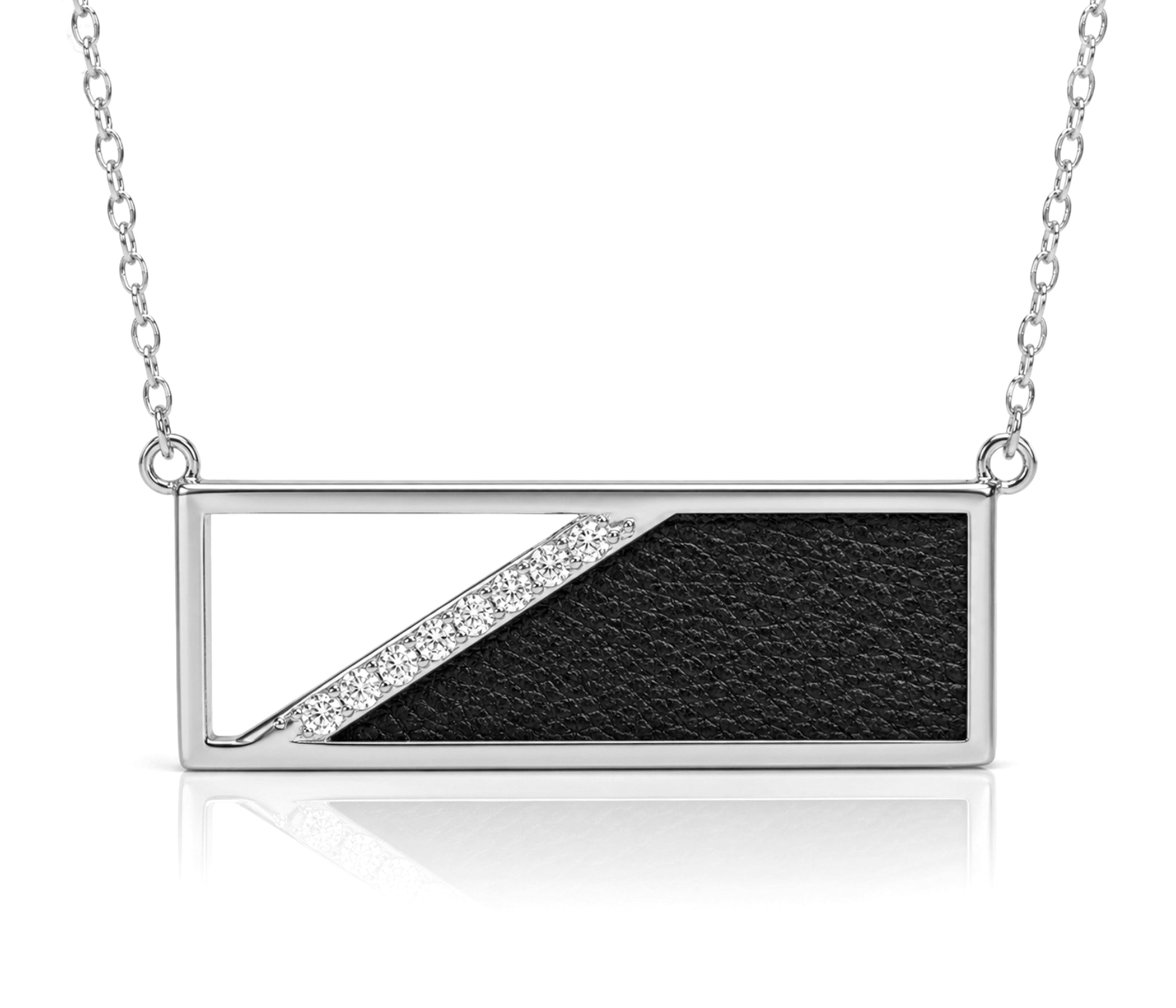 Rectangle Leather Inlay Crystal Silver Necklace