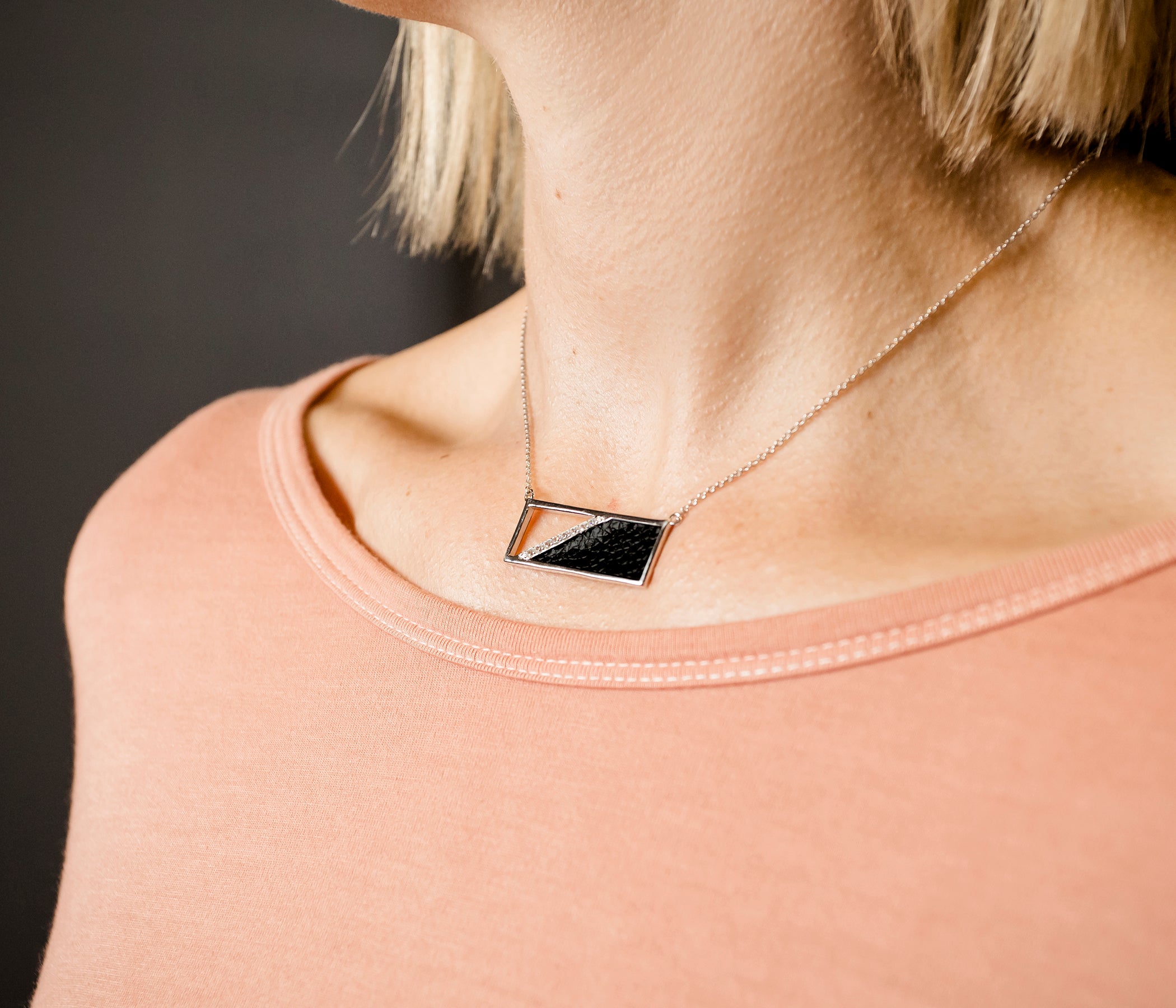 Rectangle Leather Inlay Crystal Silver Necklace