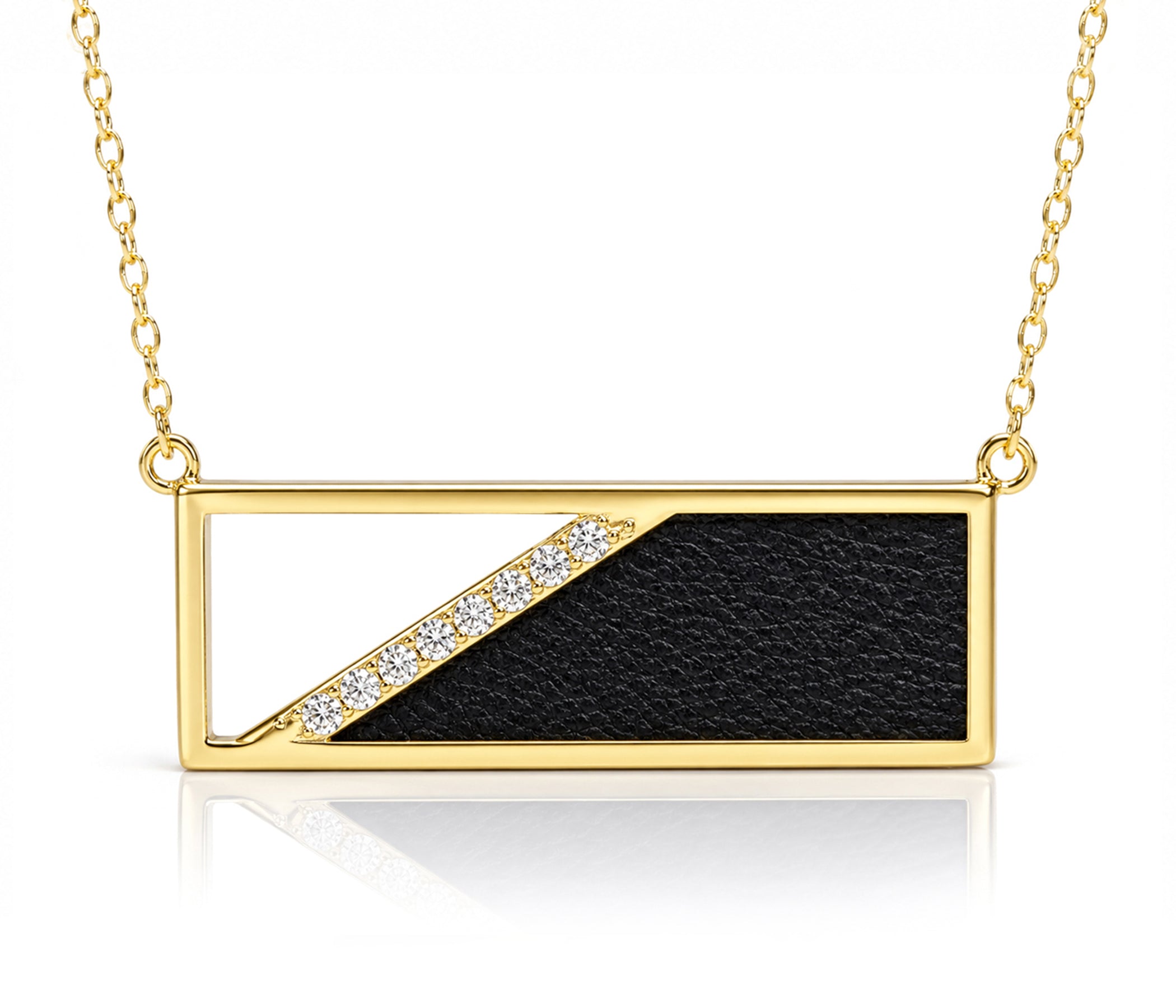 Rectangle Leather Inlay Crystal Gold Necklace