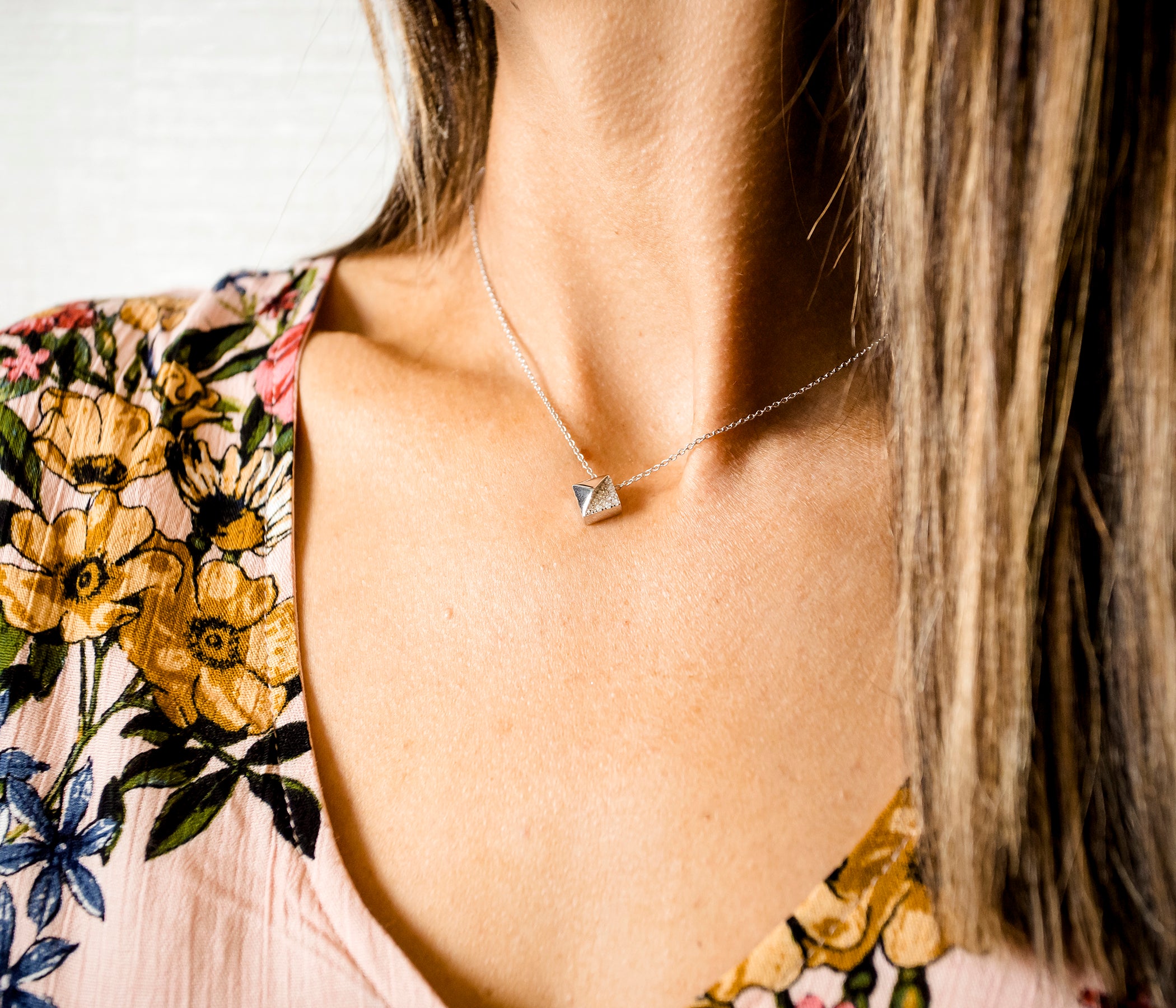 Small Geometric Square Silver Necklace