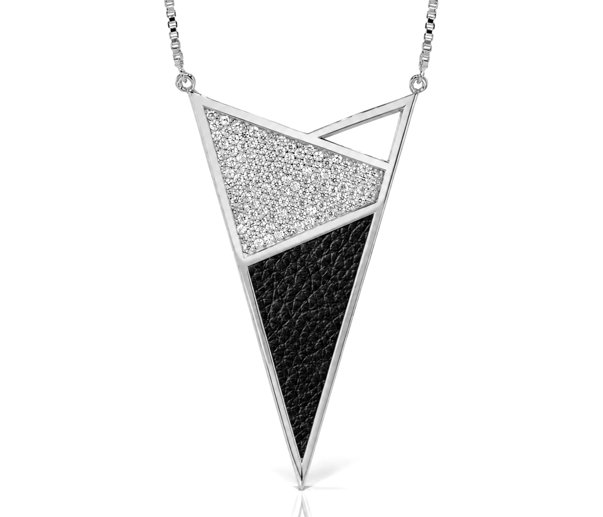 XLarge Triangle Leather Inlay Crystal Silver Necklace