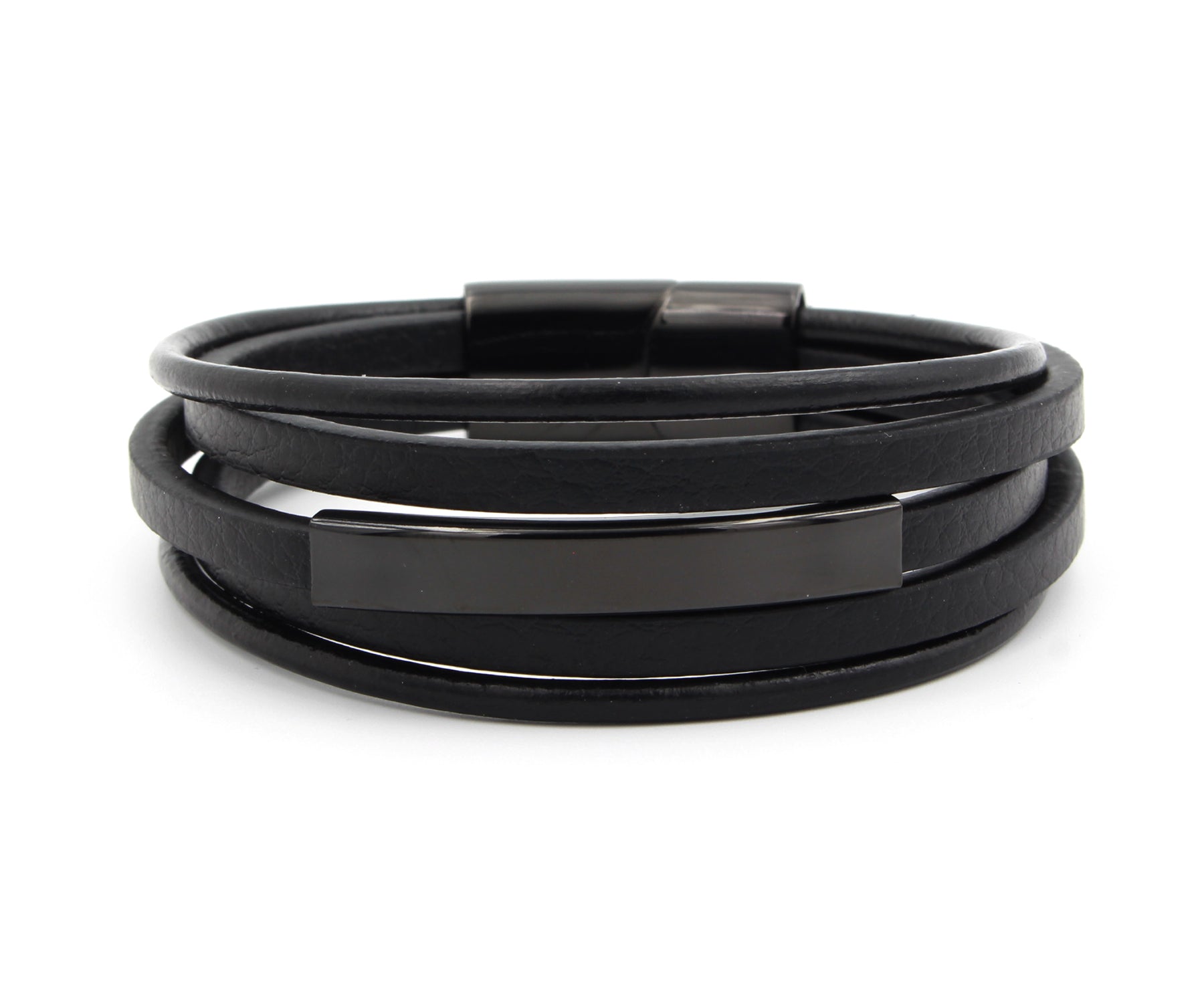 Black Multirow Bar Leather Bracelet