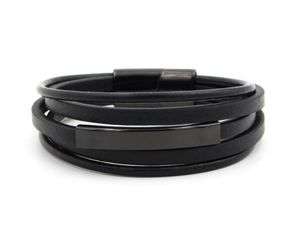 Black Multirow Bar Leather Bracelet