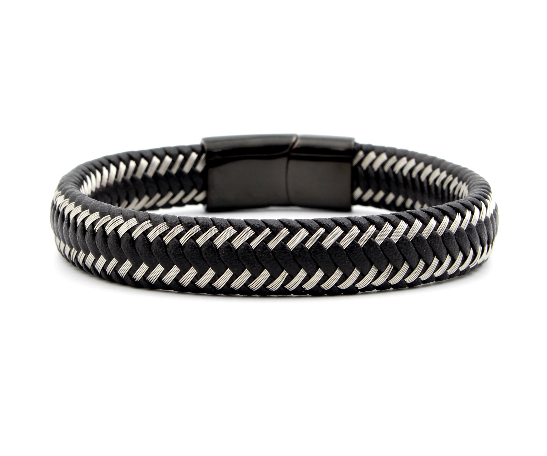 Silver and Black Weave Leather Bracelet