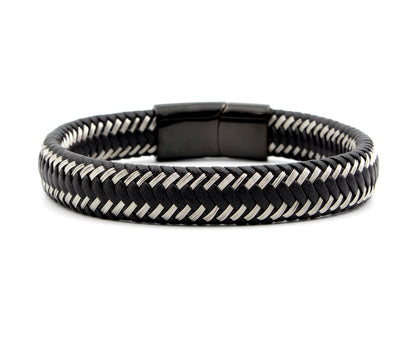 Silver and Black Weave Leather Bracelet