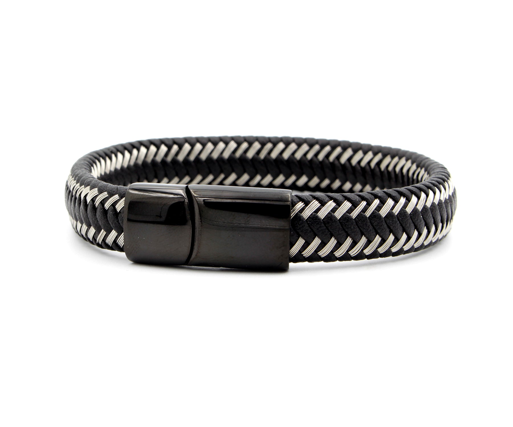 Silver and Black Weave Leather Bracelet