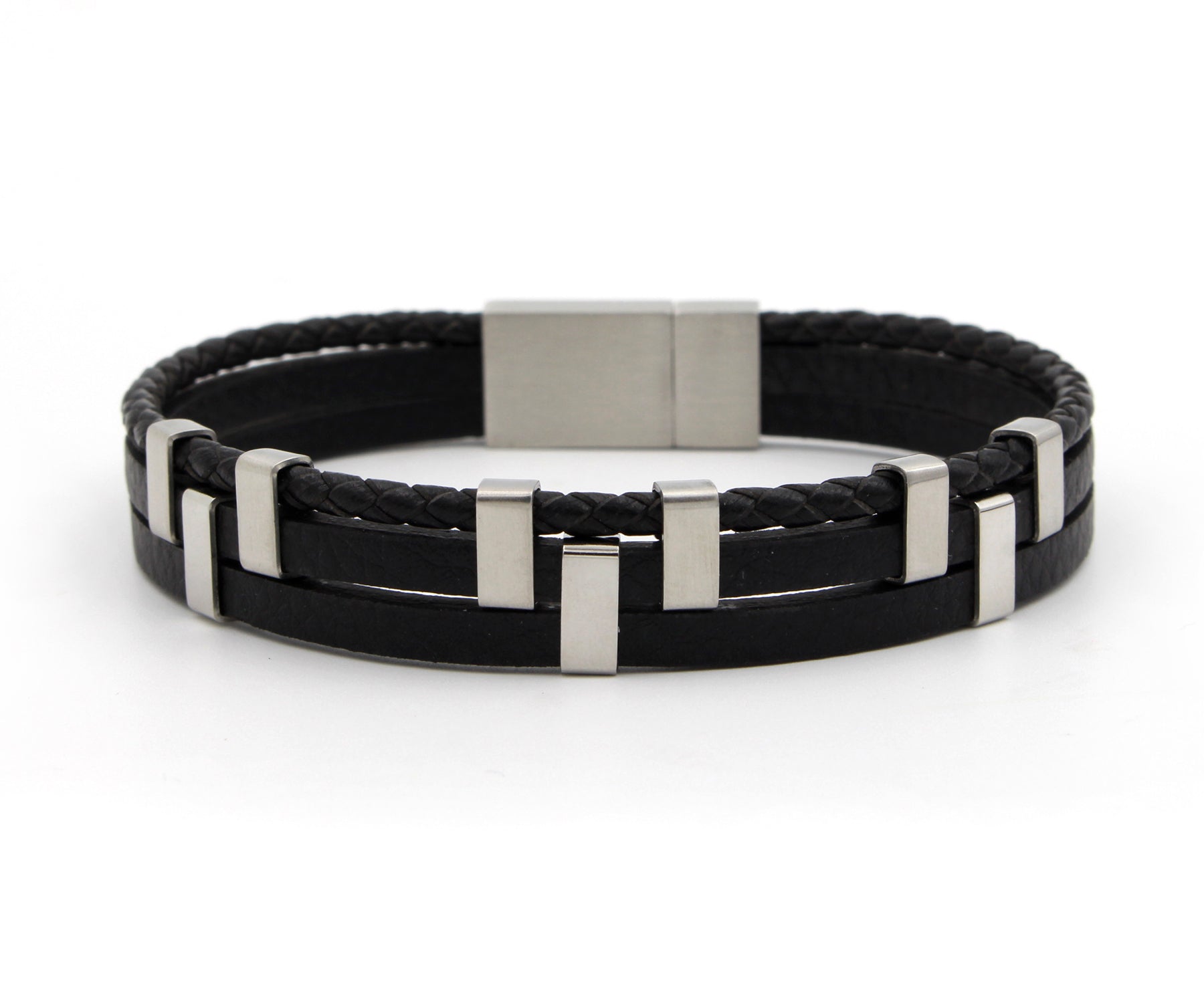Triple Bar Multirow Black Leather Bracelet