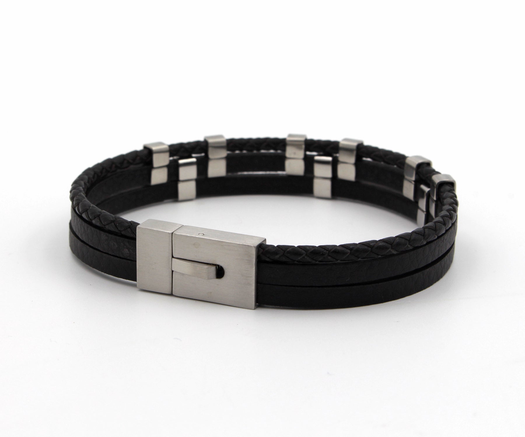 Triple Bar Multirow Black Leather Bracelet