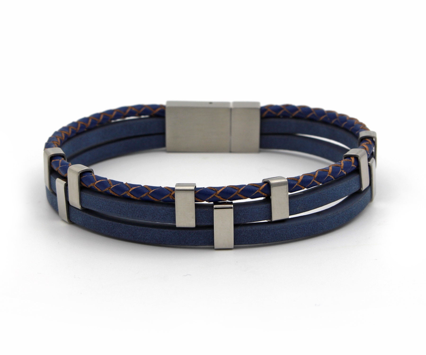 Triple Bar Multirow Blue Leather Bracelet