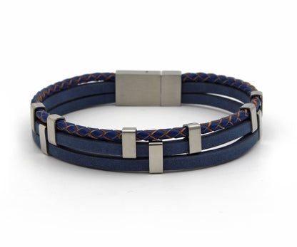 Triple Bar Multirow Blue Leather Bracelet
