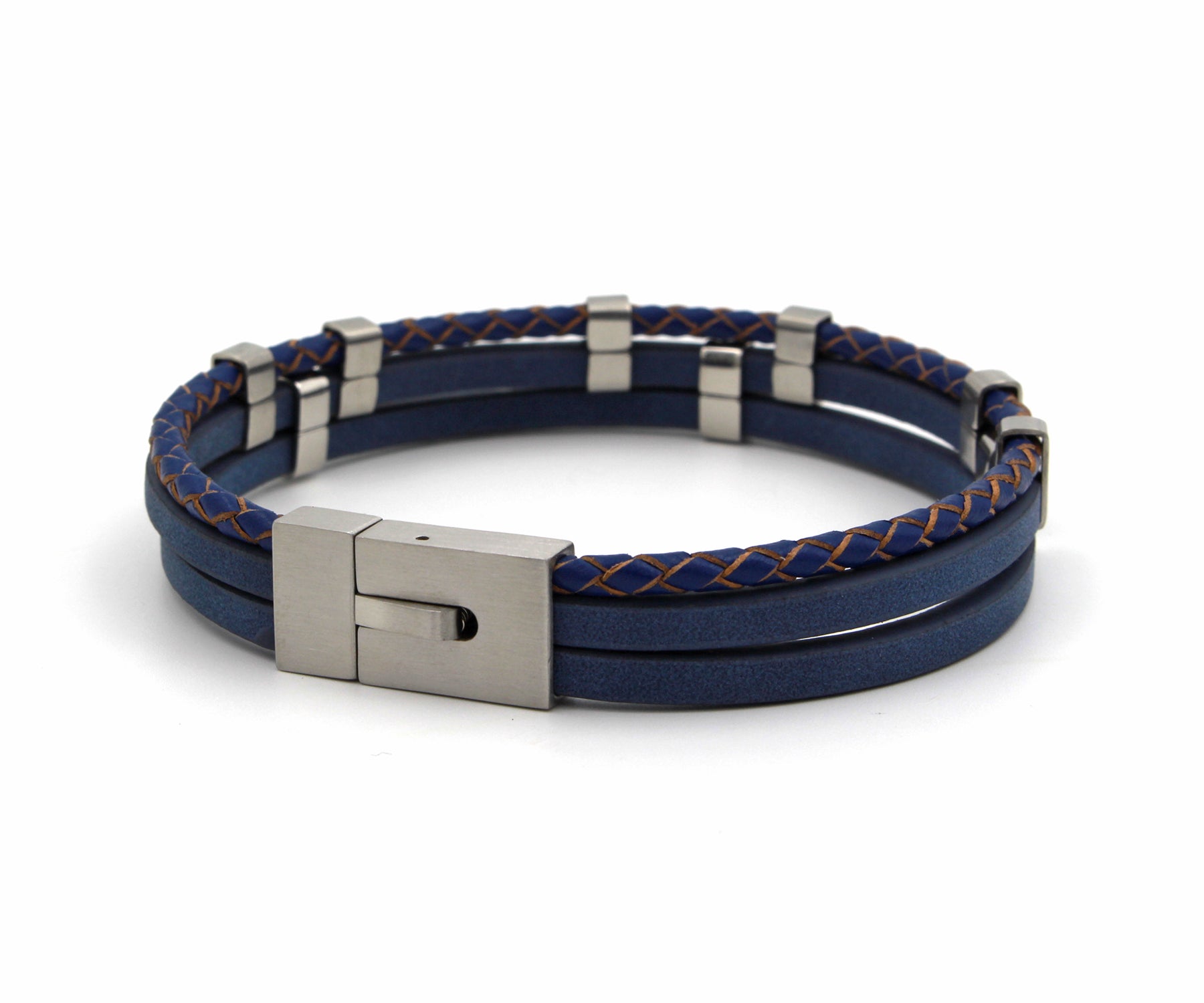 Triple Bar Multirow Blue Leather Bracelet