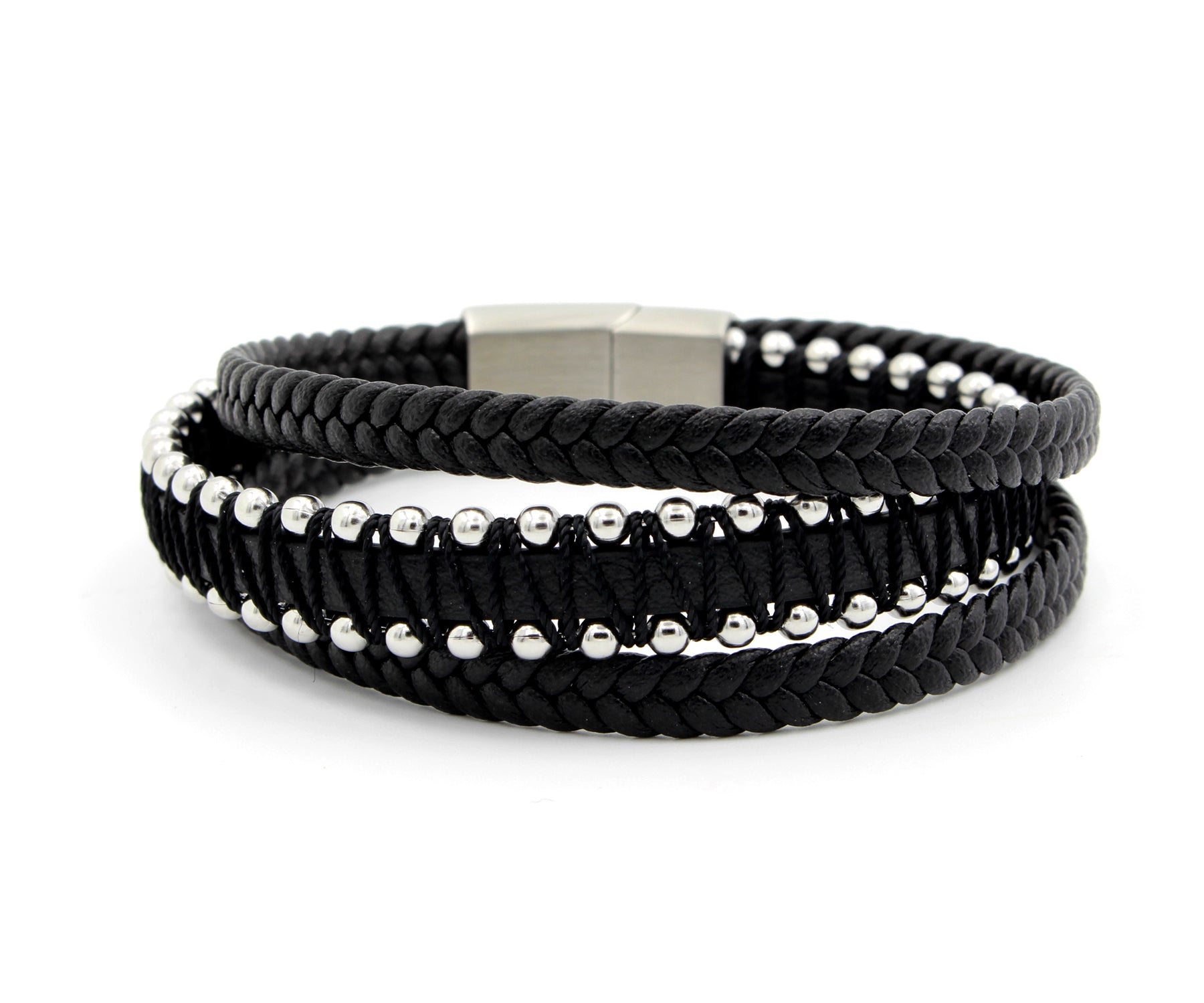 Studded Weave Black Leather Bracelet
