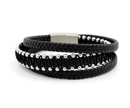 Studded Weave Black Leather Bracelet