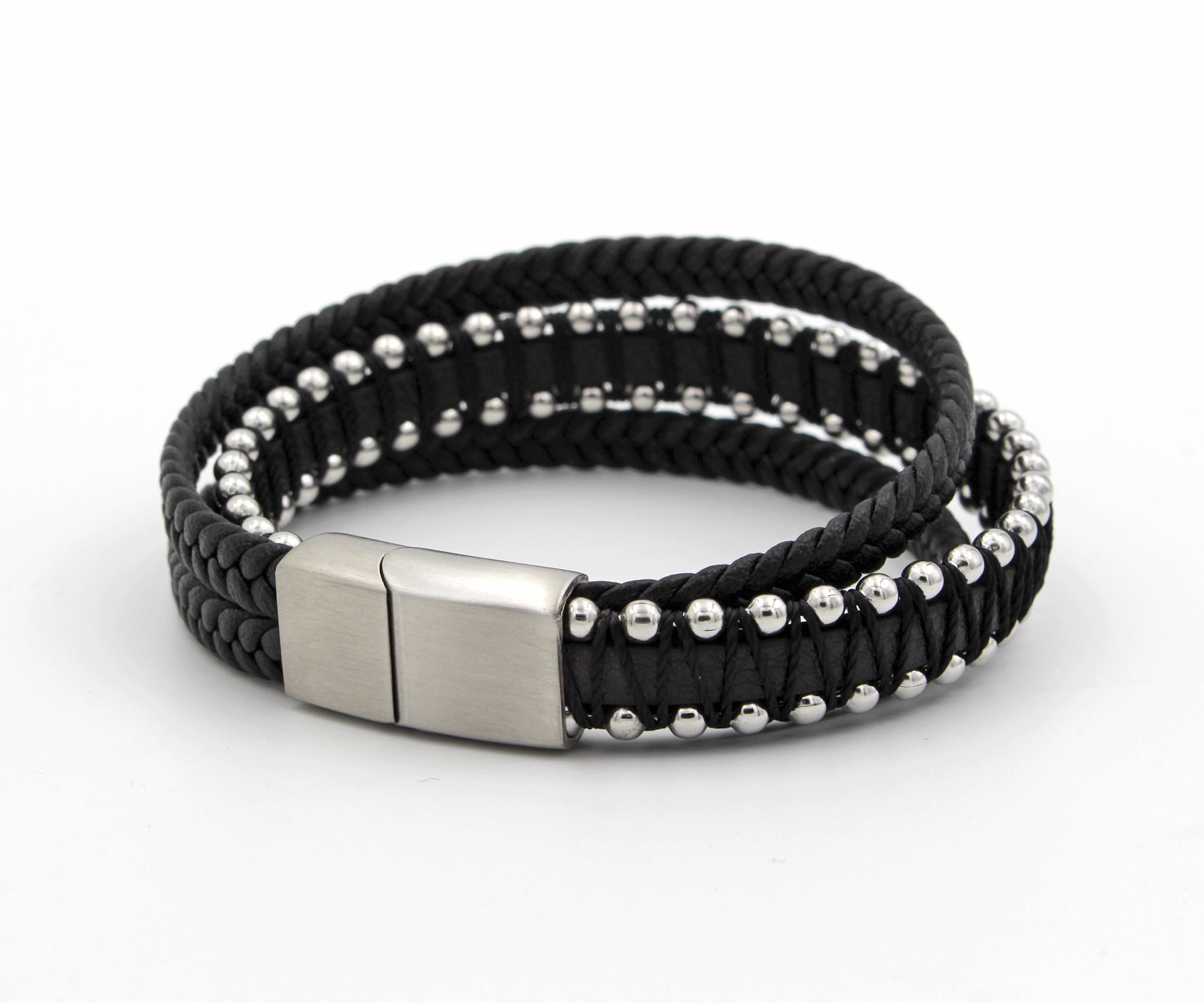 Studded Weave Black Leather Bracelet