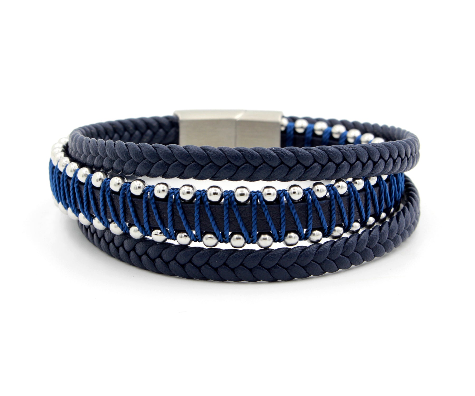 Studded Weave Blue Leather Bracelet