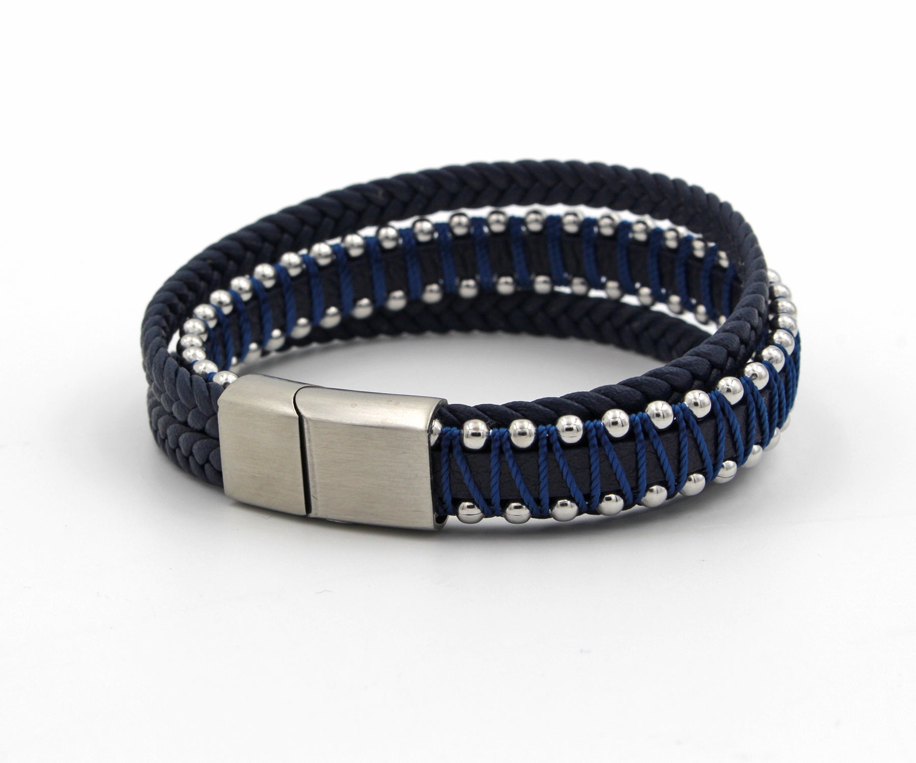 Studded Weave Blue Leather Bracelet