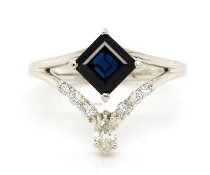 Deep Blue Sapphire V-shaped Diamond Double Ring