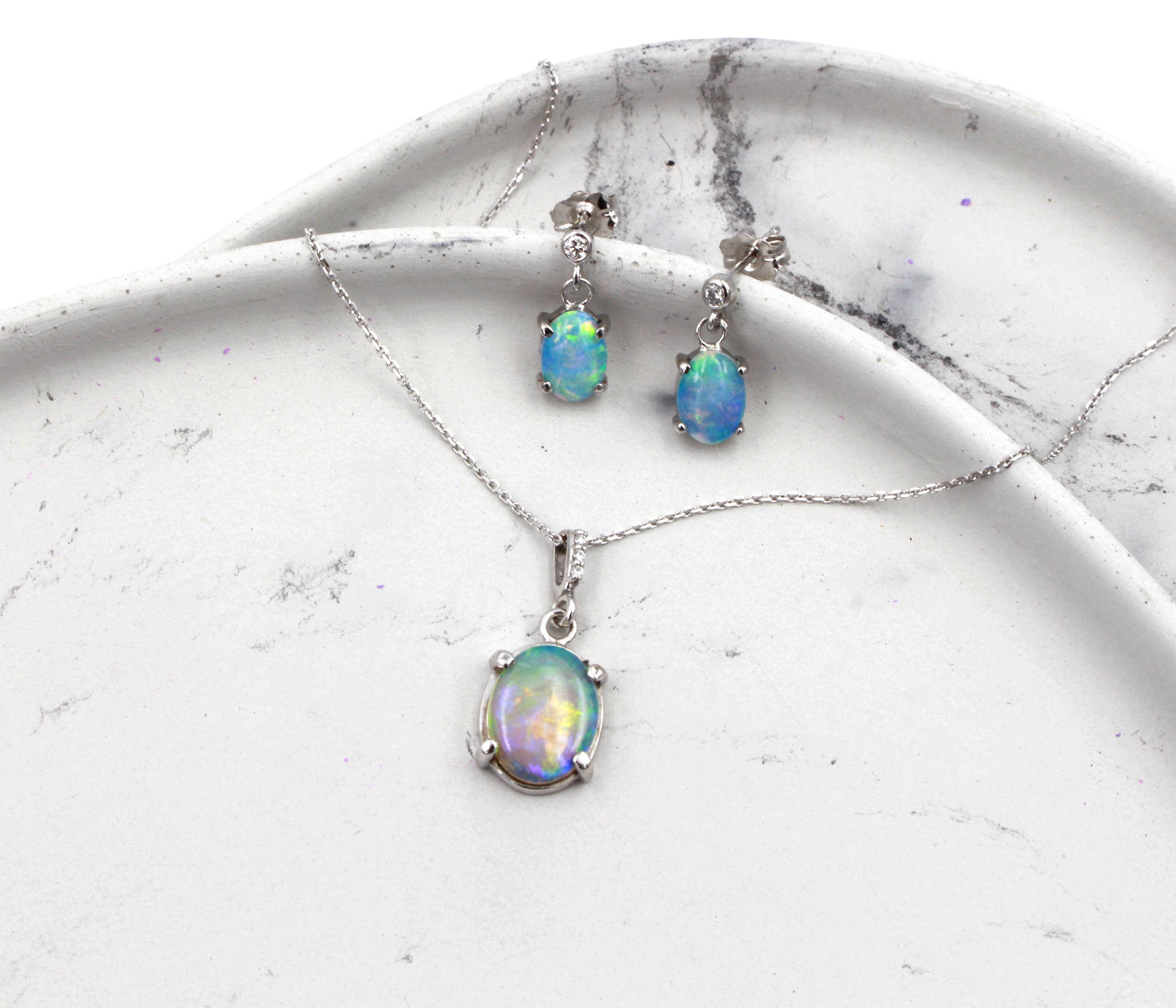 Small Oval Opal Diamond Necklace Earrings Set