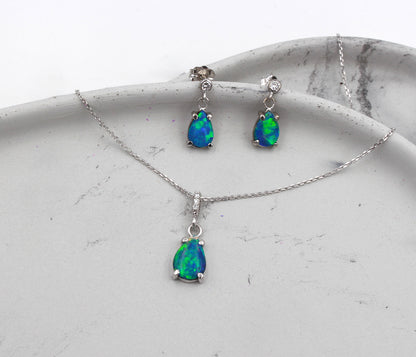 Small Teardrop Opal Diamond Necklace Earrings Set