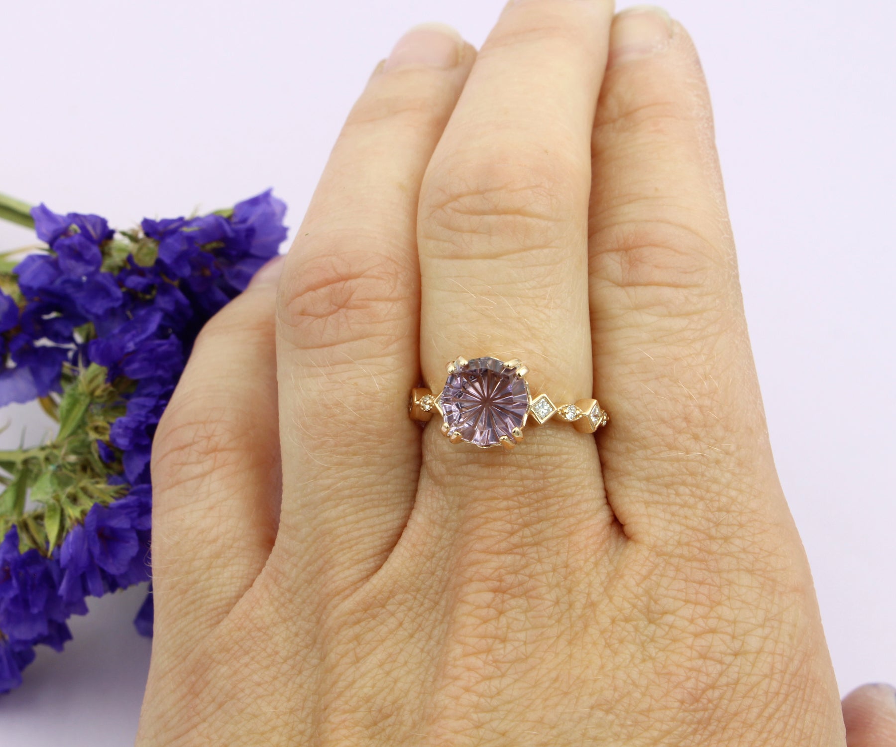 Starburst Pink Amethyst Diamond Rose Gold Ring