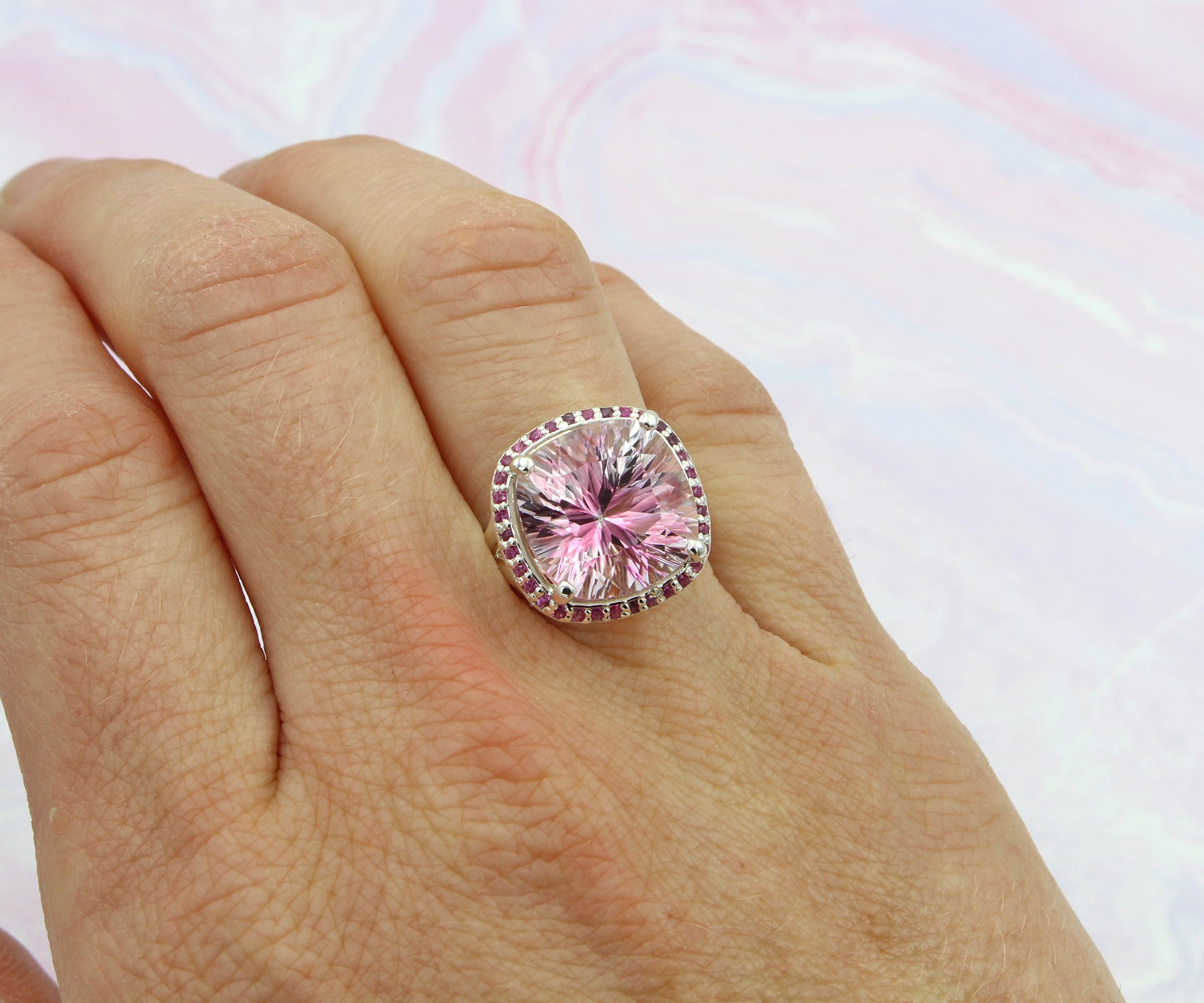 Starburst Pink Topaz Sapphire Halo Ring