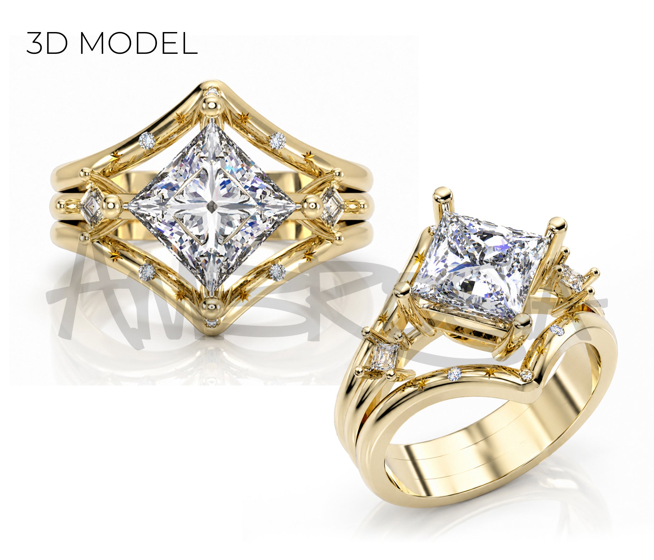 Anillo de oro con diamantes y forma de pera asimétrica moderna