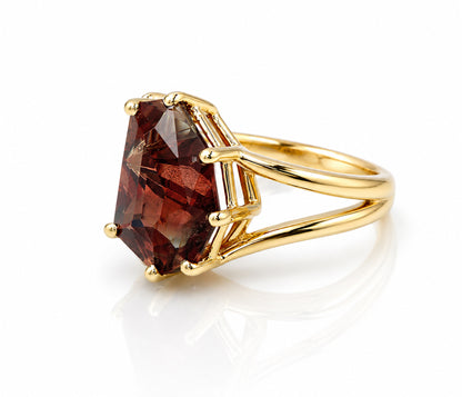 Anillo Art Déco dorado con halo de ágata musgosa y hexágono