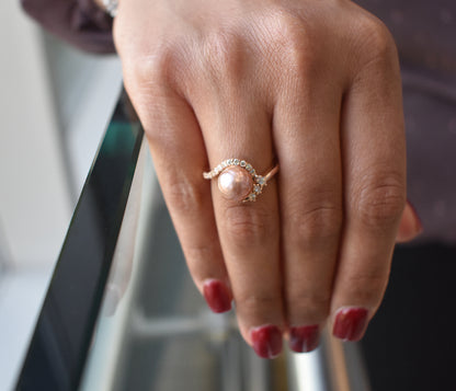 Swirl Pink Pearl Diamond Rose Gold Ring