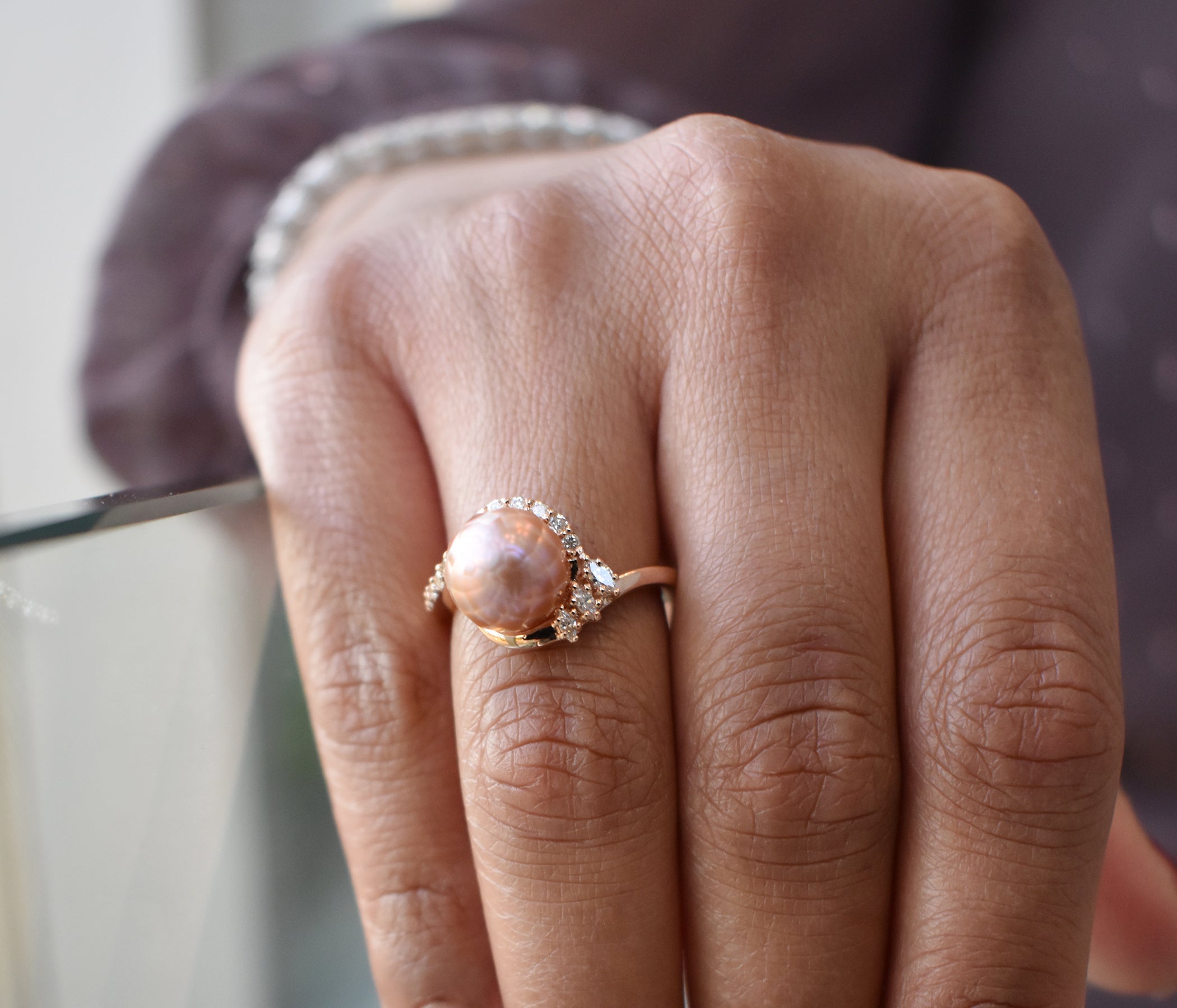 Swirl Pink Pearl Diamond Rose Gold Ring