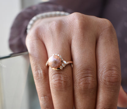 Swirl Pink Pearl Diamond Rose Gold Ring