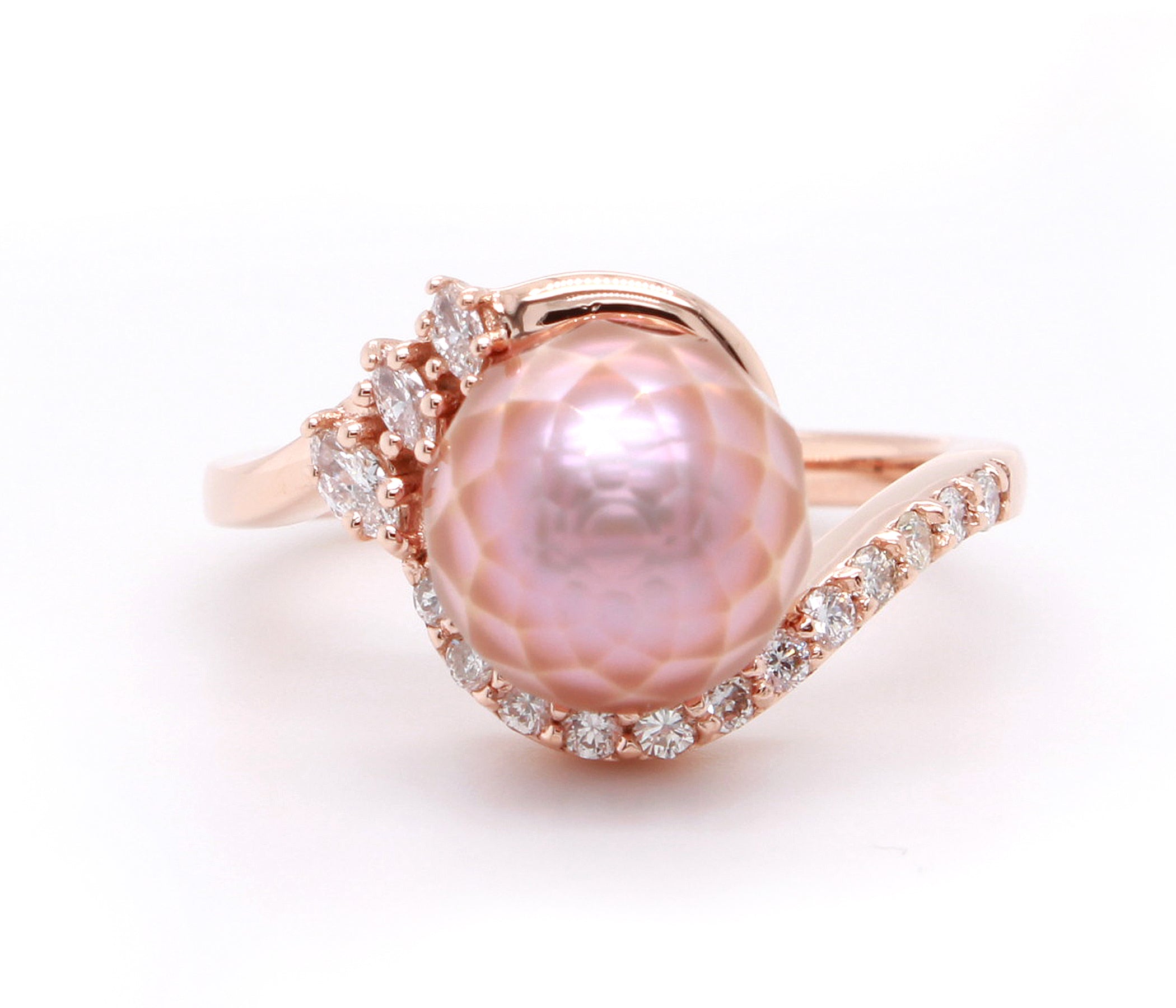 Swirl Pink Pearl Diamond Rose Gold Ring
